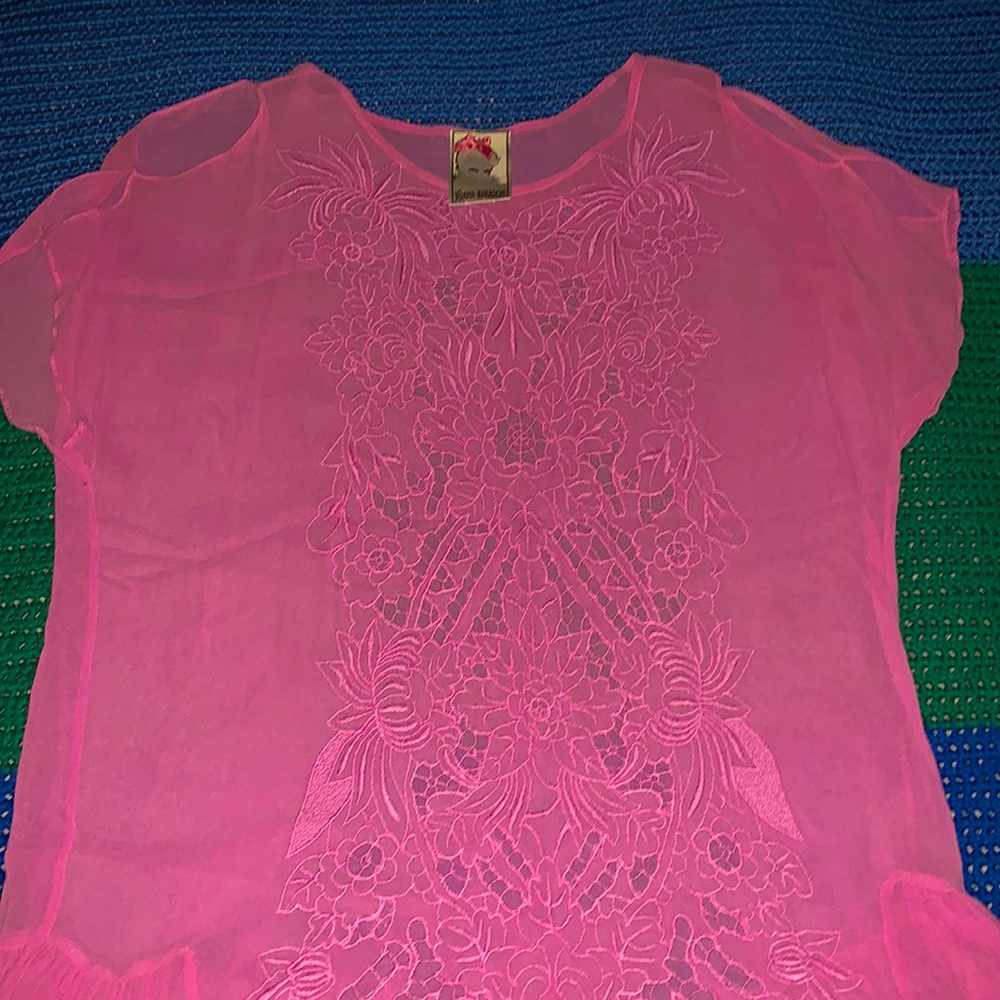 Yoana baraschi sheer purple top with sewn in flower pattern, open shoulders.